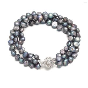 Charme Armbänder 7-8mm Schwarz Barock 3 Reihen Natürliche Süßwasser Perle Schmuck Armreif Für Frauen