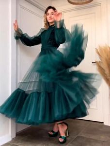 Runway Dresses Elegant Short Green Tulle Evening A-Line Long Sleeve High Neck Pleated Ankle Length Prom For Women