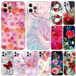 Flower Blossom Soft TPU -fodral för iPhone 15 Plus 14 Pro Max 13 12 11 XR XS 8 7 iPhone15 Fashion Spring Chrysanthemum Rose Apricot Leaf Butterfly mobiltelefon Back Cover