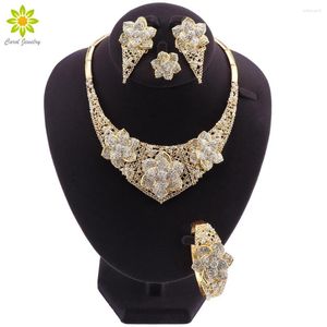 Necklace Earrings Set Dubai Gold Plated For Women Trendy Bracelet Ring Bridal Wedding Party Jewellery Gifts