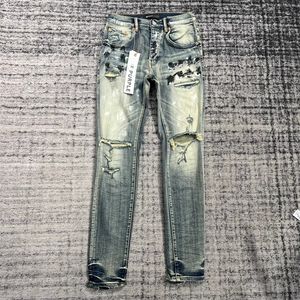 Jeans svasati con impiombatura hip-hop da uomo Pantaloni denim da motociclista da motociclista slim fit strappati effetto consumato Pantaloni viola lavati streetwear da uomo