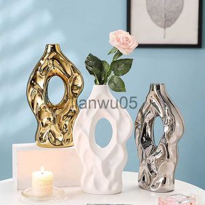 Vases Geometric Mountainshaped Vase Electroplating Gold and Silver White Combination Flower Arrangement Home Decoration Ornaments x0806