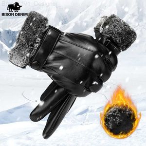 Pięć palców Rękawiczki Bison Dżinsowe rękawiczki Męskie ekran dotykowy ciepłe zagęszcza zimowe pu skóra na zewnątrz sportowy wiatroodporne modne rękawiczki zimowe dla mężczyzn S050 L230804