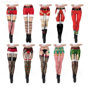 Tema Kostümü Noel Baskı Taytları Noel Festivali Teşhal Kadınlar Stripe Seksi Yüksek Bel Sıska Leggins Cadılar Bayramı için L230804