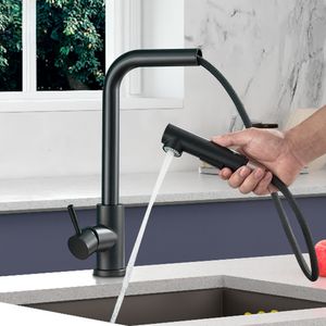 Svart Pull Out Kitchen Sink Faucet Två Model Stream Sprayer Munstycke Rostfritt stål Hot Cold Wate Mixer Tap Deck