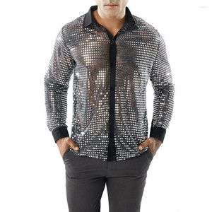 Camisas sociais masculinas Lantejoulas brilhantes para festas Dança retrô anos 70 Discoteca Camisas tops Casuais Slim Fit Brilhante Ver através do Baile de formatura