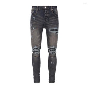 Jeans da uomo Design High Street Fashion Uomo Hole Fango Color Slim Pantaloni in denim hip-hop con toppe in pelle nera strappata elastica