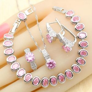 Серьги ожерелья устанавливают розовый циркония для женщин браслет подвесной обруч