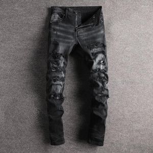 Herr jeans mode streetwear män svart grå elastisk smal fit förstörd rippad patch designer märke hip hop jenim byxor