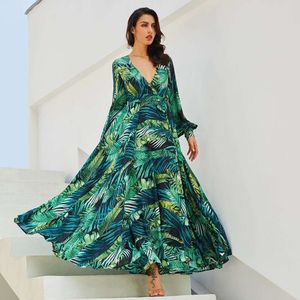 Primavera e verão Yamaxun vestido feminino manga lanterna estampa de folha vermelha longo