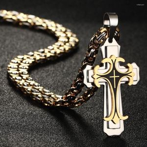 Collane con ciondolo Vintage Fleur-de-lis Croce in acciaio inossidabile con pendenti con lunga catena bizantina Gioielli da uomo NC07