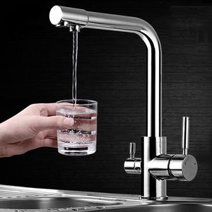 Kitchen Faucet Chrome Drinking Pure Water Kitchen Tap Deck Mounted Dual Handles 3-Ways Hot and Cold Water Mixer