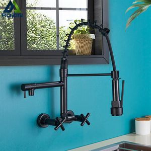 Black Kitchen Faucet Dual Handles Hot Cold Water Kitchen Mixer Tap Wall Mounted Dual Swivel Spout Spring Pull Down Faucets