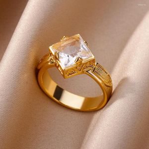 Anéis de casamento princesa corte quadrado geométrico de zircão branco para mulheres ouro antigo cor prata bandas femininas aniversário jóias presentes