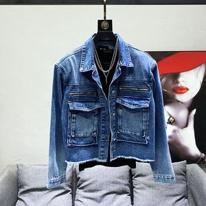 Jaquetas Masculinas 2023 Burr Denim Para Homens Manga Longa Gola Dobrável Casaco Sólido com Seios Simples Moda de Verão 21F3433