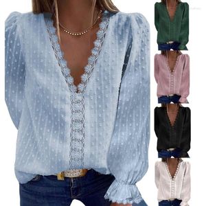 Kvinnors blusar Kvinnor Swiss-Dot Chiffon Shirts Puff Long Sleeve Lace Trim V-Neck Plain Tunic Top