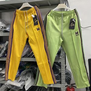 Calça Masculina Amarelo Verde Listras Agulhas Moletom Borboleta Bordado Masculino Feminino Harajuku Calça Polia Suave de Alta Qualidade