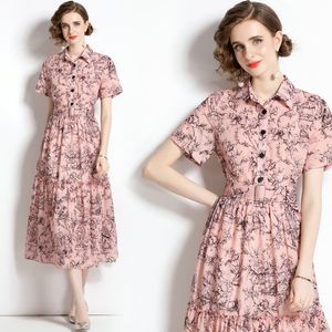 Women Printed Dress Boutique Short Sleeve Dress 2023 Summer Autumn Big Swing Dress High-end Elegant Lady Ruffles Shirt Dresses OL Dresses