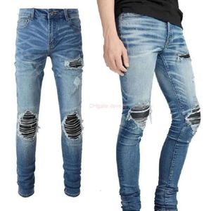 Designer Clothing Amires Jeans Denim Pants 6520 Fashion Brand Amies Patched Leather Pleated Hole Patch Elastic Slim Light Color458378
