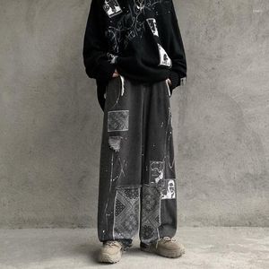 Erkek kot patchwork grafiti erkek siyah denim gotik pantolon hip hop punk düz pantolonlar erkek gevşek moda gündelik bahar