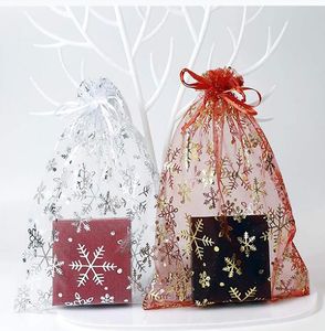 100pcs 20 * 30cm Sacchetti regalo con coulisse in organza fiocco di neve Sacchetti con coulisse natalizia Borsa da imballaggio in organza di Natale per forniture di bomboniere