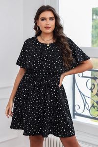 Plus Size Dresses Fashions Women Clothing Casual Black Loose Polka Dot Print O-neck Short Sleeves Large Party