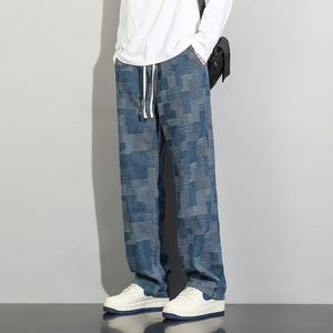 Jeans da uomo Jeans a quadri neri blu Moda uomo Jeans dritti retrò Uomo Streetwear giapponese Pantaloni larghi in denim hip-hop Pantaloni da uomo S-3XL 230804