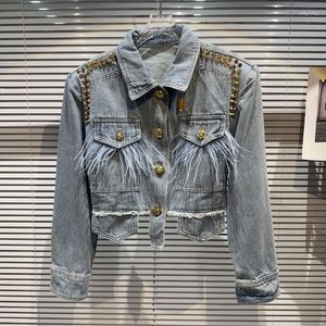 Jaquetas femininas primavera outono meninas rebites de metal com borda de pele sintética casaco jeans miçangas jeans jaqueta bomber penas cardigã cowboy tops jaquetas