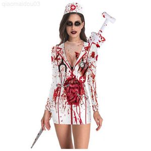 Tema kostümü cadılar bayramı korku rolü kan hemşiresi kısa paket kalça kısa elbise cosplay zombi hemşire üniforma l230804