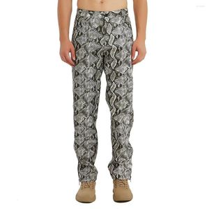 Men's Pants High Street Snake Skin Pattern PU Leather Trousers Cool Sexy Hip Hop Side Zipper Slim Dance Stage Prop Costume