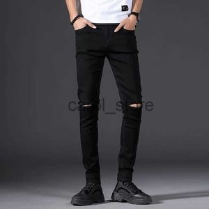 Jeans masculino skinny jeans masculino 2023 novo masculino preto joelho rasgado buraco pequenos pés calças elasticidade emagrecimento hip hop calças jeans j230806