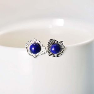 Hoop Earrings MeibaPJ Real S925 Sterling Silver Simple Trend Irregular Ruffle Lapis Lazuli Exquisite Party Gift Jewelry