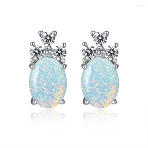 Pendientes de botón blanco azul ópalo piedra ovalada cristal de lujo pequeño corazón bohemio Color plata boda para mujer