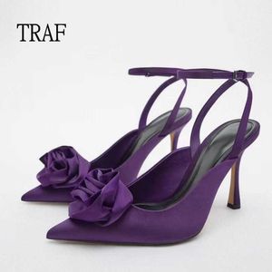 Sandals TRAF Purple High Heeled Women Pumps Summer 2022 Elegant Floral Ankle laceup Heeled Women Shoes Slingback Party Prom Shoes Lady J230806