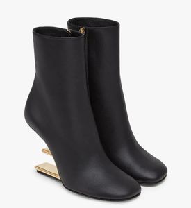 Famous Brand First Women Ankle Boots Nude Black Nappa Leather F-shaped Heels Rounded Toe Boot Gold-colored Metal Lady Winter Booties EU35-41 Box