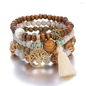 Charm Bracelets 4 Pcs Boho Bead Set Ethnic Wooden Tree Of Life With Tassel Stretch Pulseras Mujer Summer Jewelry