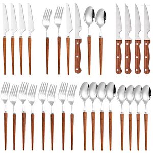 Dinnerware Sets 30Pcs Tableware 304 Stainless Steel Wooden Handle Steak Knife Fork Coffee Spoon Cutlery Western Kitchen Flatware