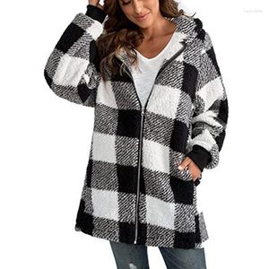 Women's Hoodies Women Plaid Fleece Sweashirt Coats Autumn Winter Hoodie Long Sleeve Pocket Zip Cardigan Loose Overcaots LYY-8810