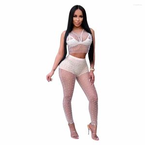 Fatos de treino femininos 2023 Mesh Pearls Beading Sexy Two Piece Set Summer Outfits See Through Crop Tops and pants Terno Matching 2 Women