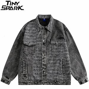 Męskie kurtki męskie streetwear vintage dżinsowa kurtka Risted Patchwork Pocket Dżinsy Harajuku retro luźne płaszcz bombowca bawełna 230804