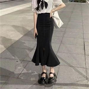 Skirts Fishtail Split Denim Long Skirt Summer Vintage Ruffled Woman Small High Waist Slim Midi Girly Fashion Clothing