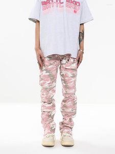 Herrbyxor American Retro Camouflage Pink Multi-Pocket dragkedja Funktionella overaller och kvinnors höggata staplade byxor