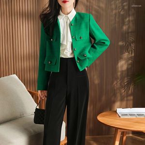 Women's Jackets Spring Autumn Fashion Coat And Elegant Round Neck Pocket Slim Fit Top Korean Version Solid Color Ancient