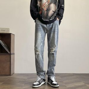 Pantalones vaqueros para hombre TFETTERS marca de moda para hombres primavera y otoño recto Casual agujero Streetwear Splash Ink Retro Regular pantalones de mezclilla