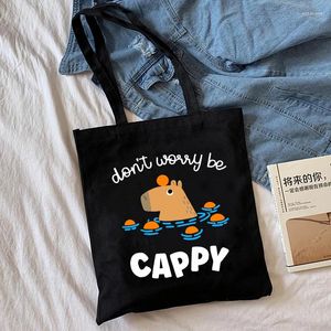 Sacos de compras Capivara Cute Ulzzang Black Shopper Bag Print Lona Animal Cartoon Tote Bolsas Femininas Harajuku Y2k Ombro