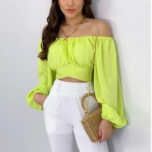 Women's Blouses 2023 Top Solid Color Open Navel Lantern Sleeve One Line Neck Sexy Lace Up Bubble Shirt Women Tops And Blooms