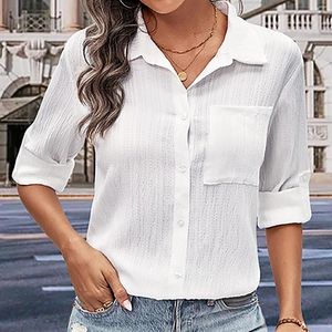 Women's Blouses Women Casual Chiffon Shirts Turn-Down Collar Loose Sleeves Buttons Cardigan Ladies Solid Color Breathable Fashion