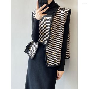 Women's Jackets Women Double Breasted Striped Jacket Sleeveless Vest Chaqueta Mujer Vintage Y2k Waistcoat Woolen Coat Quilted Tailored Femme