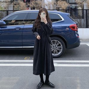 Casual Dresses Autumn Winter Womens Long Sleeve Söta lösa söta grils Preppy Style Solid Black Retro Vintage Dress 2049