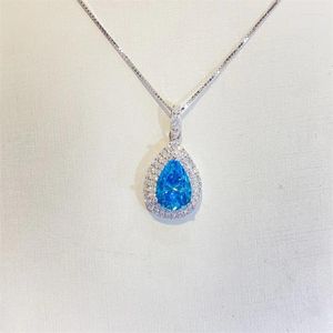 Correntes 1CT 2CT Mar Azul Gota de Água Pingente de Diamante Corte Brilhante Mulher Jóias de Luxo Colar de Prata 925 Noiva Casamento Presente Delicado